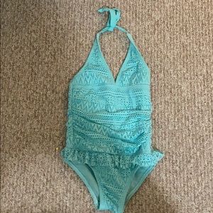 Girls Teal swimsuit with built-in Mini skirt